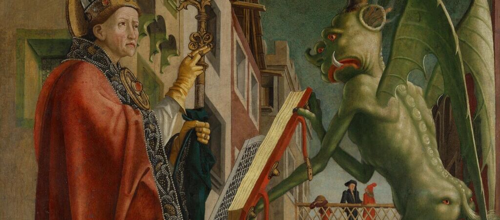 Gemälde einer Stadtszene. Im Vordergrund steht eine grüne teufelsähnliche Gestalt, die einem Heiligen ein großes aufgeschlagenes Buch hinhält.