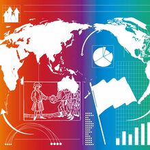 Der Hintergrund ist regenbogenfarbig - beginnend links mit gelb bis grün auf der rechten Seite. Darauf sind verschiedene Abbildungen in weiß zu sehen: Die Welt, verschiedenste Diagramme, eine Fahne sowie eine altertümliche Zeichnung mit Menschen.