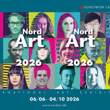 Kollage mit 18 Portraits von Menschen. Darüber steht: Kunstwerk Carlshütte. Auf den Fotos steht zweimal NordArt 2026. Darunter heißt es: International Art Exhibition, 06/06-04/10 2026, www.nordart.de