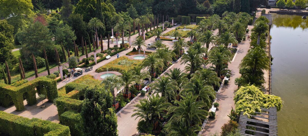 Luftaufnahme des Palmengartens in Bad Pyrmont. Rechts ist ein Teil eines Gewässers zu sehen. Nach links hin zieht sich ein Wechsel von schmalen Baum- bzw. Palmenreihen, Wegen, Springbrunnen und Hecken. Die Anlage wirkt sehr gepflegt.