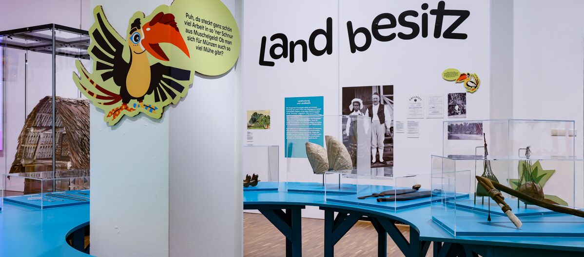 Foto in den Ausstellungsraum „Pippis Papa“. Im Vordergrund der Manu-Vogel (fiktiver Charakter). Im Hintergrund der groß geschriebene Titel eines Kapitels „Landbesitz“. Unter dieser Schrift ein vergrößertes Bild von Carl Petersen und seiner Frau Singdu.