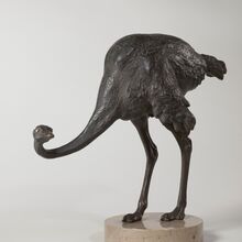 Foto eines Straußes aus Bronze. Dieser steht auf einem runden Steinsockel. Der Strauß steht mit leicht vorgebeugtem Hals und schaut vom Betrachtenden aus gesehen nach rechts.