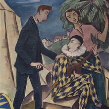 Gemälde. Ein Mann mit schwarz-gelbem Rautenmuster auf der Kleidung, großem weißen Kragen und schwarzer Mütze sitzt Mandoline spielend auf einer Kiste. Hinter ihm eine Frau und ein Mann, der eine Hand auf seine Schulter legt. Im Hintergrund ein Zirkuszelt.