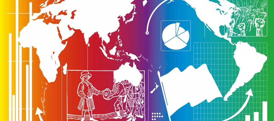 Der Hintergrund ist regenbogenfarbig - beginnend links mit gelb bis grün auf der rechten Seite. Darauf sind verschiedene Abbildungen in weiß zu sehen: Die Welt, verschiedenste Diagramme, eine Fahne sowie eine altertümliche Zeichnung mit Menschen.