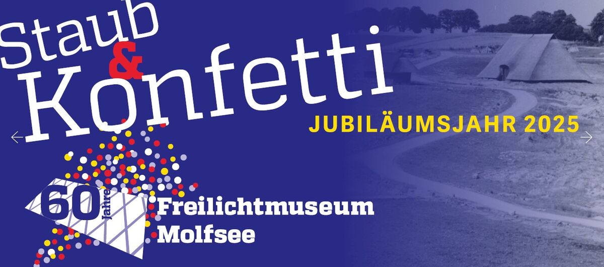 Kollage bestehend aus dem Schriftzug "Staub & Konfetti Jubiläumsjahr 2025 60 Jahre Freilichtmuseum Molfsee" auf dunkelblauem Hintergrund, das in ein schwarz-weiß Foto des Freilichtmuseums über geht.