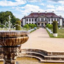 Foto des Schloss Oranienbaum. Im Vordergrund ist ein Springbrunnen, von dem aus ein Weg zu dem dreigeschossigen weißen Schloss führt. Der Weg wird durch kleine Bäume in weißen Töpfen gesäumt, die auf Rasenflächen stehen.
