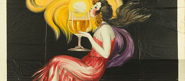 Plakat im Hochformat. Eine Frau, die barfuß auf Zehenspitzen geht, hält in ihrer Hand ein großes Glas mit goldener Flüssigkeit, hinter der sich eine Art Sonne gebildet hat. Darunter steht: ..du soleil dans un verre.. COGNAC MONNET.