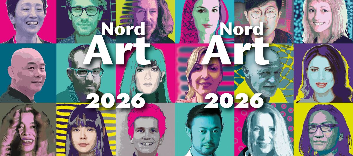 Kollage mit 18 Portraits von Menschen. Darüber steht: Kunstwerk Carlshütte. Auf den Fotos steht zweimal NordArt 2026. Darunter heißt es: International Art Exhibition, 06/06-04/10 2026, www.nordart.de