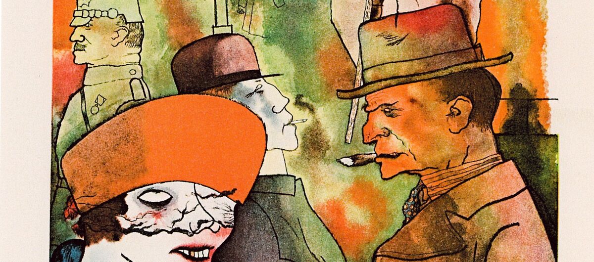 Buntes Kunstwerk im Hochformat, das im Vordergrund vier Männer und eine Frau und im Hintergrund Stadthäuser durch schwarze Konturen auf aquarellartigem Hintergrund abbildet.