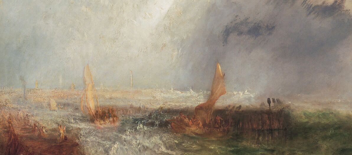 Gemälde von William Turner aus dem Jahr 1844. In einer sturmgepeitschten Hafeneinfahrt droht ein vollbesetztes Segelboot an der Mole zu zerschellen. Wind, Wolken und Wellen verdeutlichen die dramatische Situation.
