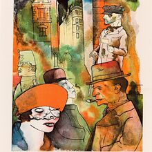 Buntes Kunstwerk im Hochformat, das im Vordergrund vier Männer und eine Frau und im Hintergrund Stadthäuser durch schwarze Konturen auf aquarellartigem Hintergrund abbildet.