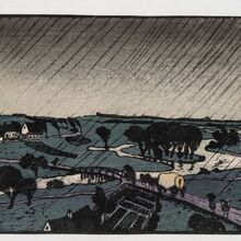Abgebildet ist Walther Klemms Farbholzschnitt „Regenlandschaft“ aus dem Jahr 1910. Lange schwarze Striche stellen den Regen dar, der auf eine flache mit Flüssen durchzogene Landschaft fällt. Vereinzelt stehen Bäume und Häuser.