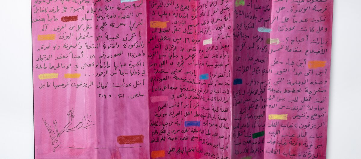 Foto eines rot angemalten Papiers im Querformat, das fünfmal senkrecht geknickt ist. Links unten in der Ecke ist ein Ansatz eines Baumes gezeichnet. Der Rest ist mit schwarzen Schriftzeichen beschrieben. Der Text wird durch bunte Rechtecke unterbrochen.