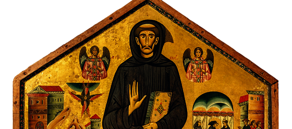 Hausförmiges Gemälde von Bonaventura Berlinghieri, das den Heiligen Franziskus von Assisi mit sechs Szenen aus seiner Vita zeigt. Er steht mittig und füllt den Raum von oben bis unten aus. Auf jeder seiner Seiten sind drei Szenen übereinander dargestellt.