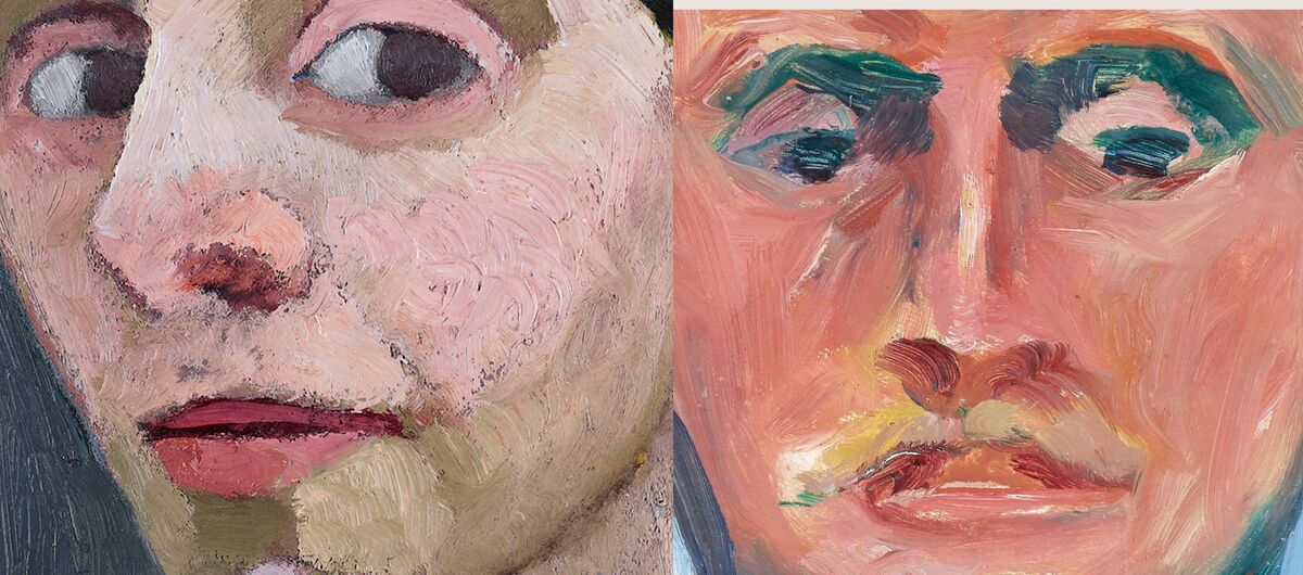 Kollage zweiter Gemälde, auf denen je nur ein Gesicht abgebildet ist. Das linke Gemälde zeigt eine Frau, die Zeige-, Mittel-, und Ringfinder an das Kinn legt. Das rechte Gemälde bildet einen Mann ab. Beide schauen den betrachtenden direkt an.