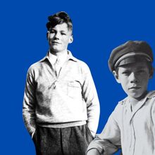 Fotocollage. Auf blauem Hintergrund ist ein Foto vom jungen Willy Brandt sowie ein Foto vom jungen Helmut Schmidt abgebildet. Beide Foto sind schwarz-weiß und die Körper ausgeschnitten.