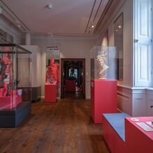 Foto eines Ausstellungsbereichs. In dem Raum mit großen Fenster auf der rechten Seite stehen auf dunklem Holzboden Vitrinen mit roten Sockel. In diesen ist eine weiße Büste und und dunkle Figuren zusehen.