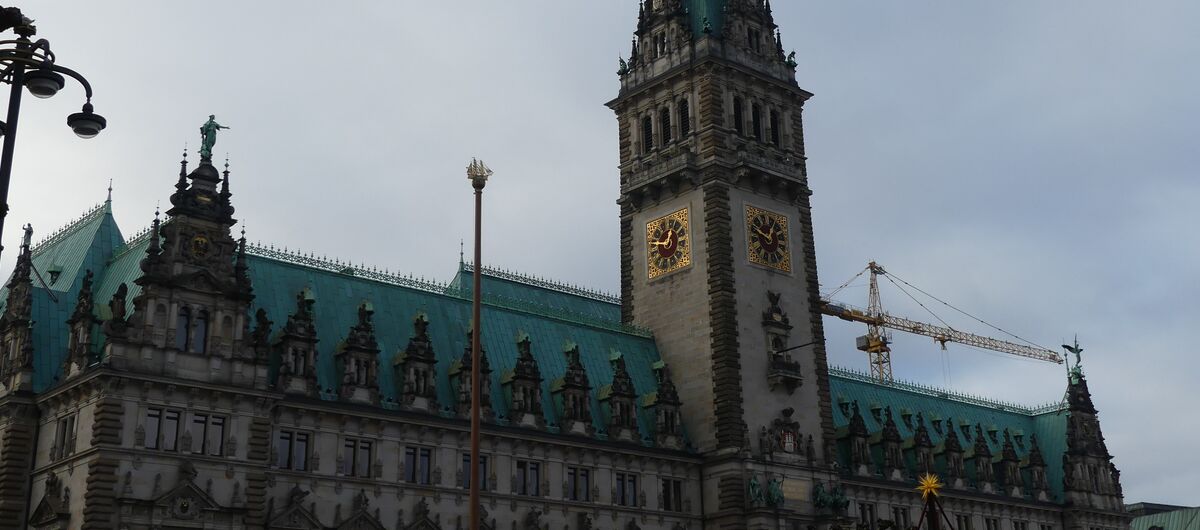 Foto vom Hamburger Rathaus. Auf die Fassade blickend verfügt es mittig über einen hohen verzierten Turm mit Uhr. Die viele große und kleine symmetrisch angeordnete und verzierte Fenster schmücken die Fassade.