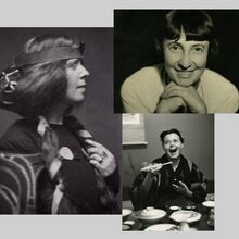 Fotocollage aus drei schwarz-weiß Fotos, die je die Gestalterinnen Margaret MacDonald, Margarete Schütte-Lihotzky und Charlotte Perriand zeigen. Alle Frauen schauen freundlich bis fröhlich. Eine wird im Profil gezeigt, die anderen in Frontalaufnahme.