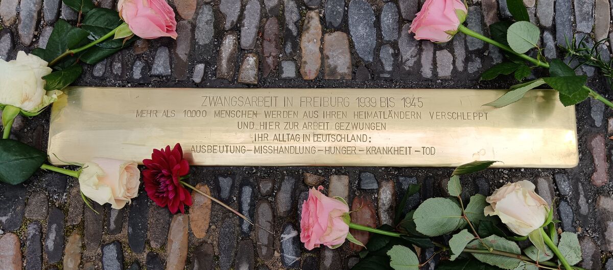 Foto eines langen und polierten Stolpersteins, der von sieben Rosen eingerahmt ist, u. a. mit der Inschrift: Zangsarbeit in Freiburg 1939 bus 1945, mehr als 10000 Menschen werden aus ihren Heimatländern verschleppt und hier zur Arbeit gezwungen