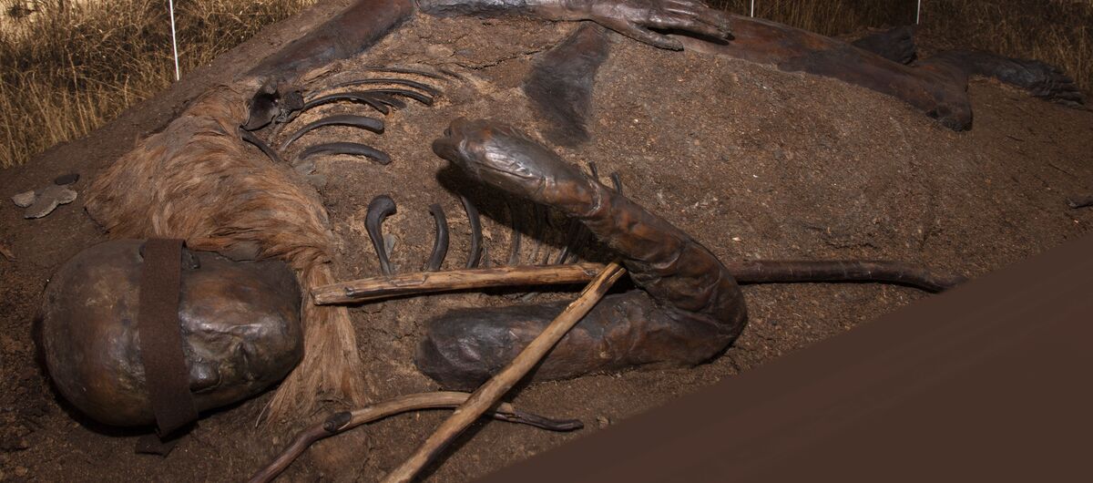 Foto einer Moorleiche, die nur mit dem Schädel, pelzartiger Kleidung, Rippen und Armen aus dem Moor ragt. Die Augenpartie ist mit einem Streifen bedeckt. Im rechten angewinkelten Arm liegen zwei Stöcker. Im Hintergrund eine fotografierte Moorlandschaft.