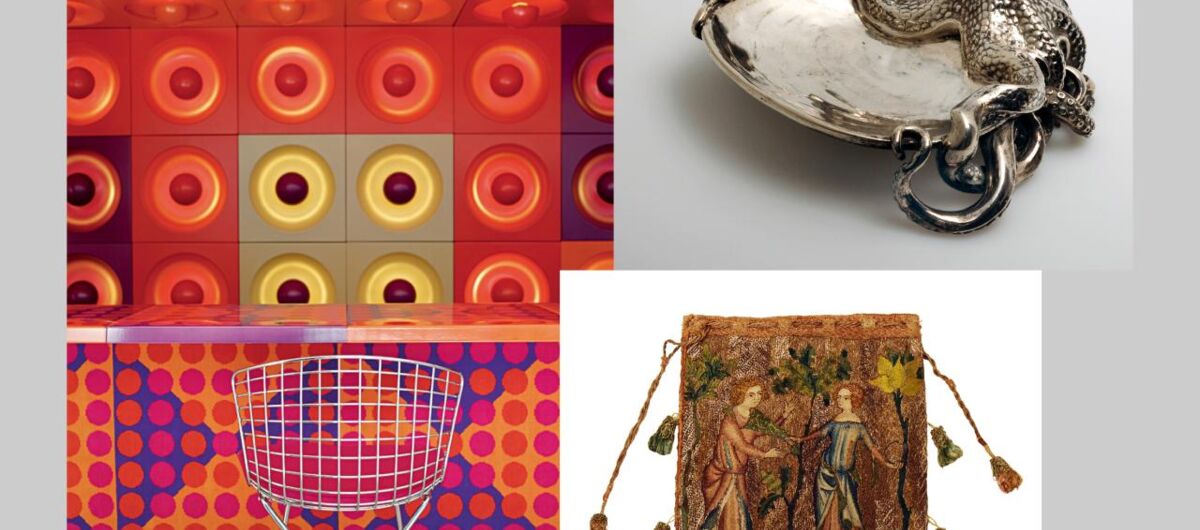 Collage aus Fotos. Li. oben: Ein Raum, wie eine Farbexplosion in Orange, Rot und Gelb. Rechts oben: Ein opulent gestalteter Oktopus umfängt ein Salzgefäß. Unten: Täschchen, bestick mit einem Liebespaar aus Gold und Seide. Li: Gitterstuhl vor bunter Tapete