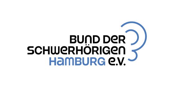 Logo des Bund der Schwerhörigen Hamburg e.V. als Schriftzug im Blocksatz, rechts daneben ein skizziertes Ohr in blau, das den Abschluss des Schriftzuges bildet.